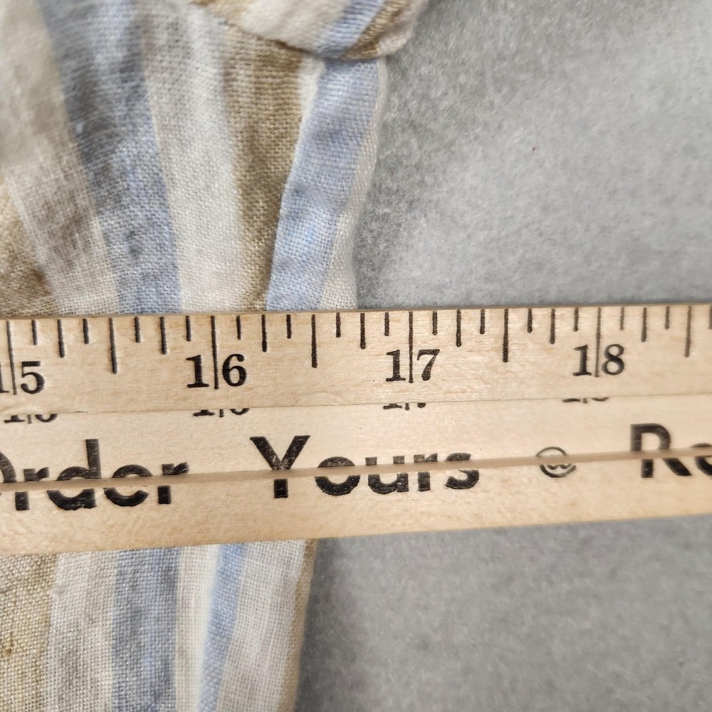 Linda Lundstrom Shirt Womens 6 Beige Blue Striped Linen Button‎ Up Made Canada - Picture 9 of 10